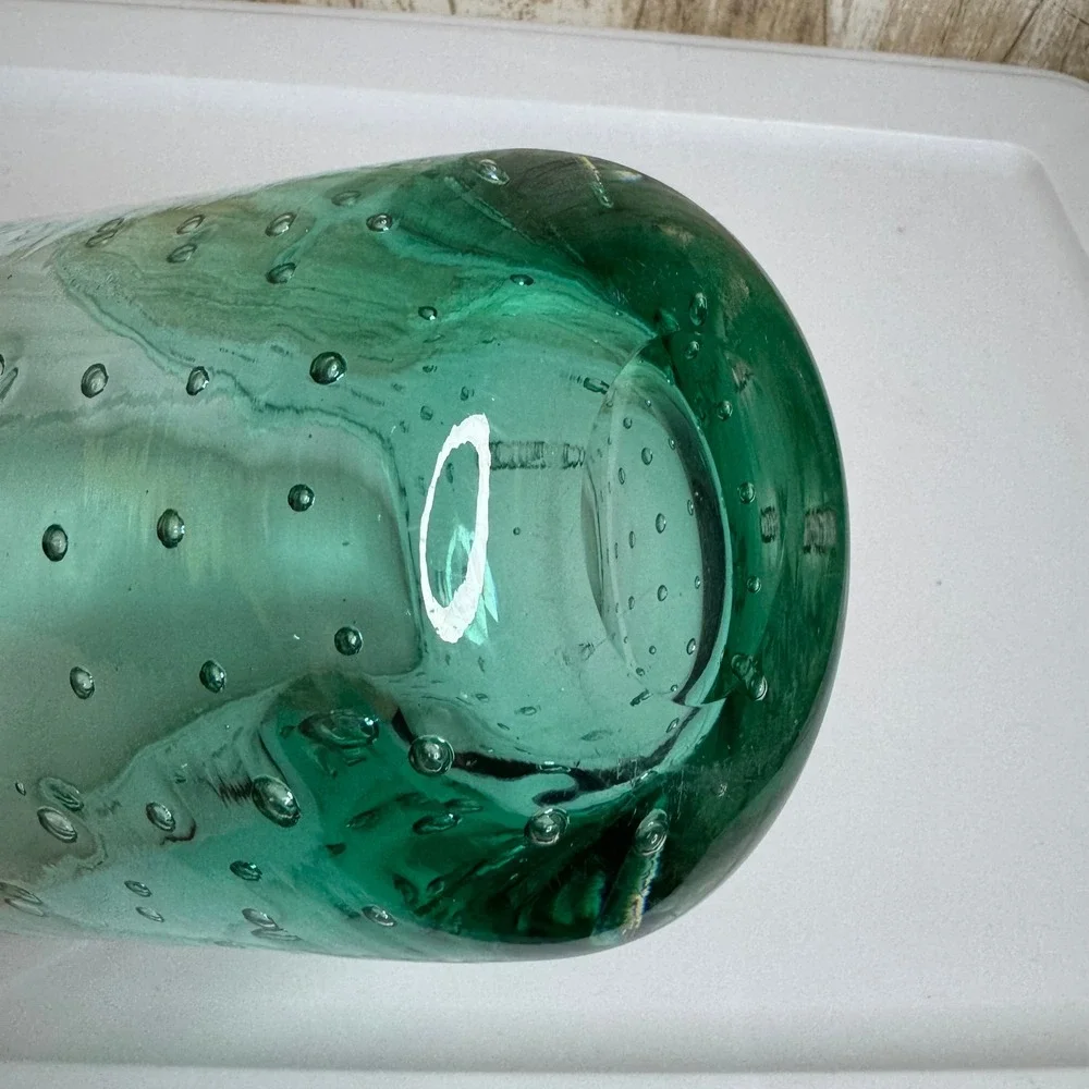 Vintage Green Hand Blown Bubble Glass Vase Heavy Bullicante Art Glass 6